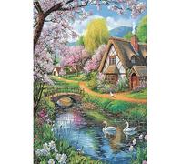 DCIDBEI Pintura de Diamantes Paisaje de Jardín 40x50cm 5D Puzzle Diamantes Adultos Grande Paisaje Flor de Cerezo Pintura por Números Casa con Jardín Lienzo Mosaico Hacer Paisajes y Naturaleza Cisne