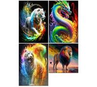 DCIDBEI Puzzle Diamantes Animales Pack de 4 30x40cm Cuadros Diamantes Animales Puzzle Diamantes Leon o Tigre Punto de Diamante Tigre Cuadros de Diamantes de Leones Pintura de Diamantes Dragon Grande