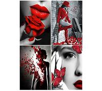 DCIDE 4 Pack Pintar con Diamantes Mujer 30x40cm Sexy Pintura por Números Adultos Cuadro Rostro Mujer Dibujo Grandes 5D Mariposas en Negro y Rojo