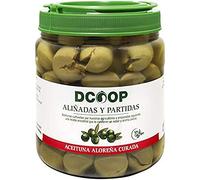 DCOOP Olivas - Aceitunas Verdes Aloreñas, Aliñadas y Partidas, de Fácil Deshuesado, con Sabor y Aroma Únicos, Ideales para Ensaladas y Aperitivos, Pne, 400 G