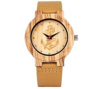 DCRYRPQES Reloj de Cuarzo de Madera Hecho a Mano for Hombre, Correa de Cuero marrón, Esfera con Delicado patrón de Ancla.