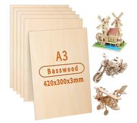 ddckj Hojas de tilo de 420 x 300 mm, hojas de madera contrachapada de 3 mm, 6 piezas A3 sin terminar para manualidades, modelismo, grabado, pintura, proyectos láser, quema de madera