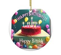 DDCXZPP Hermoso colgante redondo de cerámica con estampado navideño de feliz cumpleaños, 7,4 cm, equipado con una cuerda de alambre dorada duradera para colgar fácilmente en árboles de Navidad