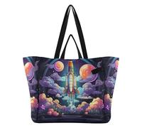 DDDIYEU Cohete De Flor De Dibujos Animados PúRpura Bolsa de Playa Impermeable para Mujer,Ideal para Viajes Compras Comestibles