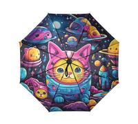 DDDIYEU Espacio Dibujos Animados Gatos Arte Astronauta AutomáTicos Paraguas de Viaje Resistente Viento Compacto con ProteccióN Solar UPF 50+ Ideal para JóVenes