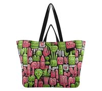 DDDIYEU Lindo Doodle Arte Verde Rosa PatróN Bolsa de Playa Impermeable para Mujer,Ideal para Viajes Compras Comestibles