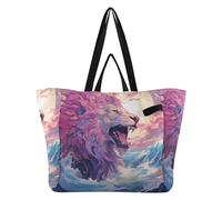 DDDIYEU Obra De Arte Acuarela LeóN Rojo Bolsa de Playa Impermeable para Mujer,Ideal para Viajes Compras Comestibles