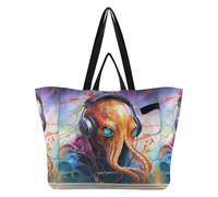 DDDIYEU Pintura Al óLeo Enojada Fresca Del Pulpo Bolsa de Playa Impermeable para Mujer,Ideal para Viajes Compras Comestibles