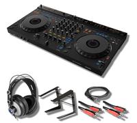 DDJ-GRV6 - Controlador de DJ de 4 canales con auriculares profesionales StreamEye Cans50, soportes en escenario, soporte para laptop LPT5000 y cables esenciales para conectar a controladores de DJ