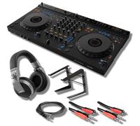 DDJ-GRV6 - Controlador DJ de 4 canales con auriculares profesionales Pioneer HDJ-X5-S, soportes en escenario, soporte para laptop LPT5000 y cables esenciales para conectar a controladores de DJ