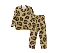 DDSFvbv Conjunto de pijama de manga larga para hombre con estampado de leopardo amarillo, ropa de dormir suave de 2 piezas con pantalones con cordón, S-XXL, Negro, XL