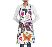 DDSFvbv Delantal impermeable de mariposas y flores coloridas con bolsillo, duradero, suave, sin arrugas para cocina, manualidades y barbacoa, blanco, Talla única