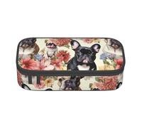 DDSFvbv Estuche para lápices de bulldog francés y flores, suministros para estudiantes y oficina, bolsa de almacenamiento de artículos, bolsa de maquillaje, bolsa de papelería grande, Black, Talla