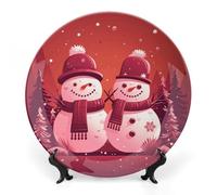 DDTKLSNV Plato decorativo de porcelana de hueso con dos muñecos de nieve juntos, placa decorativa de cerámica con soporte de exhibición, decoración de pared de cerámica para el hogar, oficina