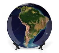 DDTKLSNV Plato decorativo de porcelana de hueso con imagen de satélite de América del Sur, placa decorativa de cerámica con soporte de exhibición, decoración de pared de cerámica para el hogar