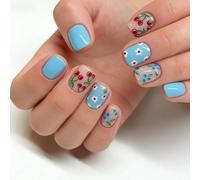 De 24 uñas postizas cuadradas de Blueberry Art, uñas artificiales de estilos dulces para mujeres, fiesta diaria de Valentín, flores falsas