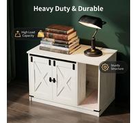 de arena universal estilo pastoral para gatos, ideal para dormitorios y pasillos, con arena oculta y campana de juego; Gabinete de almacenamiento de madera blanca para mascotas con entrada curva
