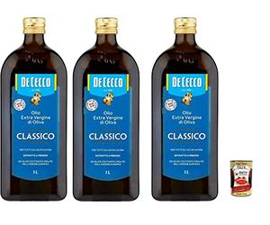 De Cecco Aceite de Oliva Extra Virgen Classico - Extraído en frío, sabor equilibrado para cocina y ensaladas, botella de cristal oscuro 3 x 1 L, ideal para refinar, freír y marinar + Polpa italiana