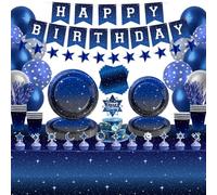 de decoración de fiesta espacial suministros de galaxia espacial incluyendo bandera guirnaldas iridiscentes de luna estrellada platos de noche estrellada globo de aluminio tazas servilletas sirve 20