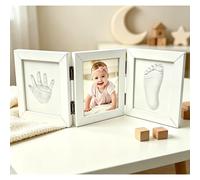 de fotos plegable triple 40 x 15 cm, kit completo para de manos y pies de bebé, de madera blanca, recuerdo sentimental para recién nacido, masa moldeable y rodillo.