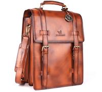 DE LAMASSU Adrian - Funda de piel para ordenador portátil, 2 en 1, mochila y bandolera, para portátiles de hasta 17 pulgadas, con cierre de hebilla y caja de regalo, marrón claro