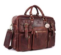 DE LAMASSU Dorian - Funda de piel para ordenador portátil, unisex, hasta 17 pulgadas, con cinta de carro, 5 bolsillos exteriores, laterales extensibles, paquete de regalo de lujo, marrón