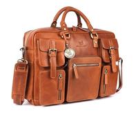 DE LAMASSU Dorian - Funda de piel para ordenador portátil, unisex, hasta 17 pulgadas, con cinta de carro, 5 bolsillos exteriores, laterales extensibles, paquete de regalo de lujo, coñac