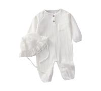 de Lino de Manga Larga con Botones para niñas y niños, Ropa de Verano con Gorro con Volantes#157