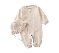 de Lino de Manga Larga con Botones para niñas y niños, Ropa de Verano con Gorro con Volantes#157