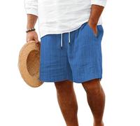 De Lino Pantalones Corto Hombre Vestir Deporte Deportiva Informales Algodón Y Lino Running Pantalon Corto Casual con Cintura Elástica Y Cordón Pantalón Verano Tallas Grandes Gym Azul Real XL