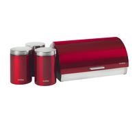 briebe Set Panera de Mesa + Juego de 3 Botes Cocina Almacenaje, Acero Inoxidable, Contenedor para Guardar Pan y Bollería, Tapa Deslizante, Diseño Moderno, Bread Box, Rojo/Inox