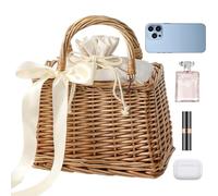 de mimbre, gran capacidad, fácil acceso con cinta, de playa de mimbre, para teléfono, lápiz labial, cartera, gafas, festival de música, vacaciones, Cinta blanca, Se référer au descriptif