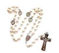 De rosario de cuentas blancas católicas Medalla de la Virgen María y colgante de cruz Favores para bautismo Comunión Bodas Fiesta Rosario de cuentas católicas Bonito collar para hombres Mujeres