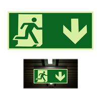 De salida de emergencia langnachleuchtend y autoadhesivo de PVC, Flecha hacia Abajo, Cumple Normas ISO DIN 7010/DIN 67510, Apto para Interiores y Exteriores, 300x150 mm