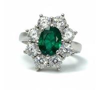 De Santis Gioielleri - Anillo para mujer con margarita, de plata 925 rodiada, con circonita ovalada de color esmeralda y contorno brillantes, estilo Halo princesa, tamaño ajustable, hipoalergénico