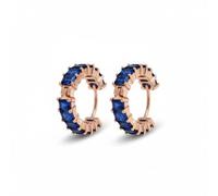 De Santis - Pendientes de aro unisex (1 cm de diámetro) de plata 925 chapada en oro rosa con circonitas azules intensas corte baguette, estilo eternidad moderno y de tendencia, joya de diseño