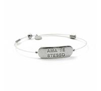 De Santis Pulsera unisex con placa de plata 925 y grabado con mensaje «Ama Te Miso», estilo minimalista y motivacional sobre hilo sintético transparente, joya autocuidado con cierre ajustable