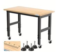 de Trabajo de Madera Ajustable 120 Cm, 85-105 Cm, Capacidad de Carga de 900 KG, Estación de Trabajo Móvil con Ruedas, Reposapiés y Líneas Graduadas, Mesa de Resistente