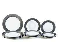 DEAGOURMET Saturno - Juego de platos de mesa de 12 piezas, plato hondo, plato llano y plato para fruta/postre de porcelana blanca con una decoración negra de trenzado en el borde de los platos