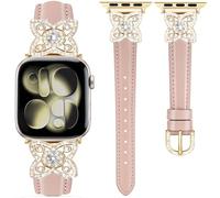 DEALELE Correa compatible con Apple Watch de 49 mm, 46 mm, 42 mm, 45 mm, 41 mm, 44 mm, 40 mm, 38 mm, correas de cuero con diamantes de flores brillantes para iWatch Series 11/10/9/8/7/6/5/4/3/SE/Ultra