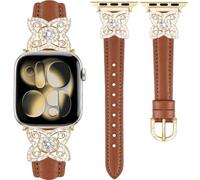 DEALELE Correa compatible con Apple Watch de 49 mm, 46 mm, 42 mm, 45 mm, 41 mm, 44 mm, 40 mm, 38 mm, correas de cuero con diamantes de flores brillantes para iWatch Series 11/10/9/8/7/6/5/4/3/SE/Ultra