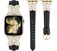 DEALELE Correa compatible con Apple Watch de 49 mm, 46 mm, 42 mm, 45 mm, 41 mm, 44 mm, 40 mm, 38 mm, correas de cuero con diamantes de flores brillantes para iWatch Series 11/10/9/8/7/6/5/4/3/SE/Ultra