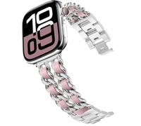 DEALELE Correa compatible con iWatch de 38 mm, 42 mm, 40 mm, 44 mm, cadena de mezclilla de acero inoxidable, pulsera trenzada de cuero de repuesto para Apple Watch Series 6/5/4/3 para mujeres, hombres, plata, rosa, 38/40 mm