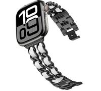 DEALELE Correa compatible con iWatch de 38 mm, 42 mm, 40 mm, 44 mm, cadena de mezclilla de acero inoxidable, pulsera trenzada de cuero de repuesto para Apple Watch Series 6/5/4/3 mujeres hombres, blanco y negro, 42/44 mm