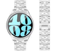 DEALELE Correa y funda de vidrio templado compatible con Samsung Galaxy Watch 6 de 44 mm, 20 mm, bandas de metal de diamante brillante y funda protectora completa de repuesto para mujeres y hombres