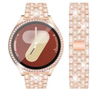 DEALELE Correa y funda de vidrio templado compatible con Samsung Galaxy Watch 7 / FE / 5/4 de 1.575 pulgadas, 1.732 pulgadas, bandas de metal con diamantes brillantes y funda protectora completa para