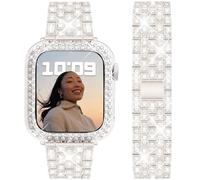 DEALELE Correas compatibles con Apple Watch de 1.61 y 1.77 pulgadas, correa de metal con diamantes de imitación brillantes con funda protectora de repuesto para iWatch Series 9/8/7 para mujeres y