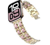 DEALELE Correas compatibles con Apple Watch de 49 mm, 46 mm, 45 mm, 44 mm, 42 mm, metal de acero con cadena de cuero, correa de repuesto para iWatch Series 10/9/8/7/6/5/4/3/SE/Ultra, color dorado y