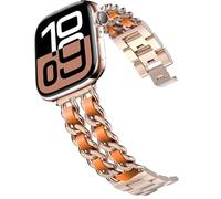 DEALELE Correas compatibles con Apple Watch de 49 mm, 46 mm, 45 mm, 44 mm, 42 mm, metal de acero con cadena de cuero, correa de repuesto para iWatch Series 10/9/8/7/6/5/4/3/SE/Ultra, oro rosa y