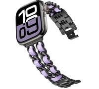 DEALELE Correas compatibles con Apple Watch de 49 mm, 46 mm, 45 mm, 44 mm, 42 mm, metal de acero con cadena de cuero, correa de repuesto para iWatch Series 10/9/8/7/6/5/4/3/SE/Ultra, negro y lavanda